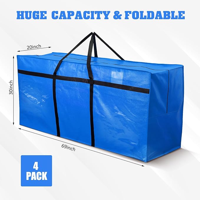 4 Pcs 176 Gallon Extra Large Moving Bags Heavy Duty Storage Bag with Strong Zipper Handle Foldable XXL Jumbo Storage Tote Packing Moving Box for College Dorm Travel Cloth Duffle (Blue)