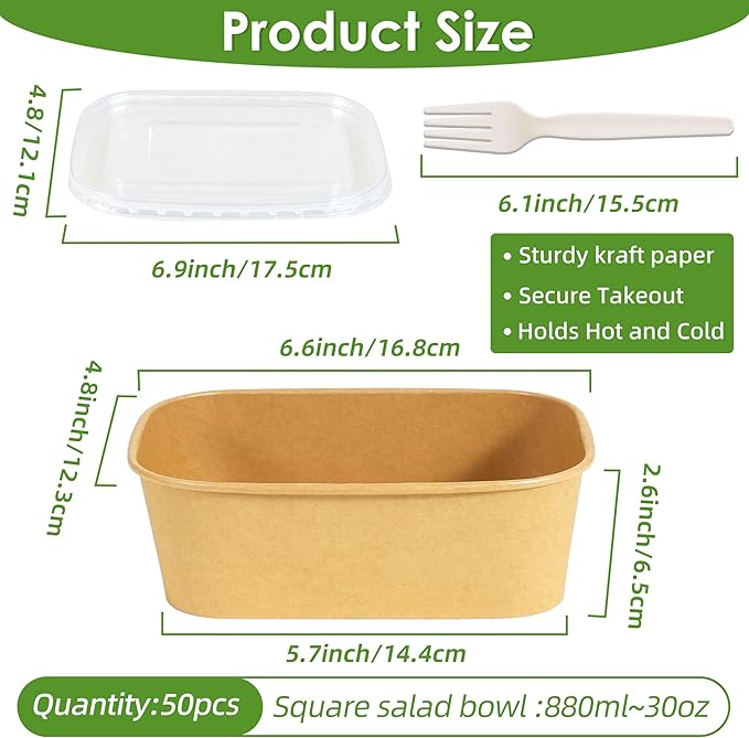 FEHHTO 50-Pack 30oz Meal Prep Containers Disposable Kraft Paper Bowls with Lids & Compostable Cornstarch Forks, Extra Large Heavy Duty Food Containers, Microwave & Freezer Safe for Hot & Cold Foods
