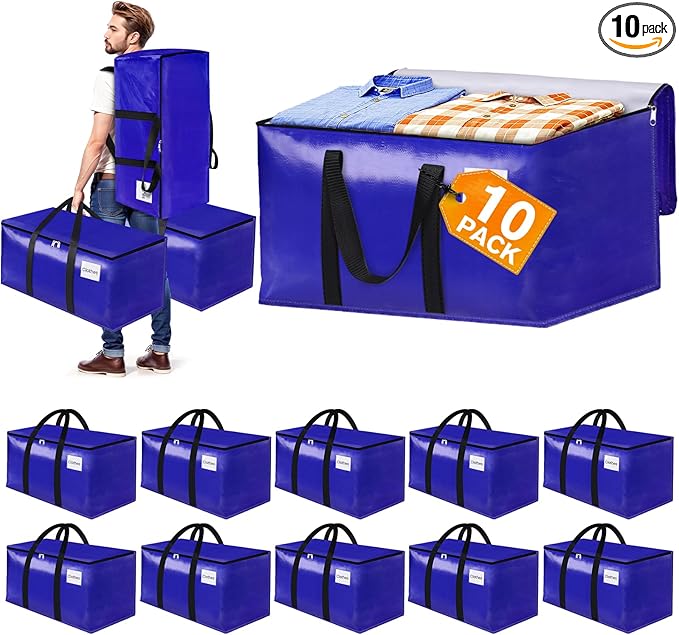10-Pack Moving Bags with Backpack Straps & Carry Handles, 30 Gallons-125 L Heavy Duty Storage Totes for Space Saving, Foldable Storage Bags for College Dorm, Travel, Camping (Blue)