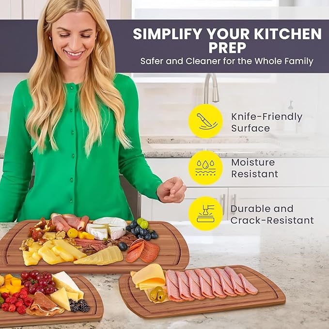 Organic Bamboo Cutting Board Set with Lifetime Replacements - 3pc Non Toxic Wood Chopping Board for Charcuterie, Meat, Vegetables and Fruits - Ideal Kitchen Gifts for Home Chefs