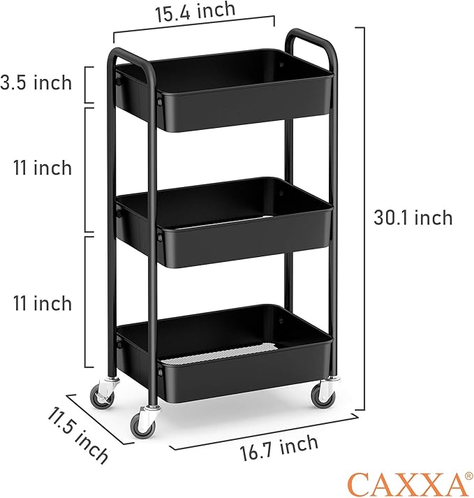 CAXXA 3-Tier Rolling Metal Storage Organizer - Mobile Utility Cart, Kitchen Cart with Caster Wheels (Black)