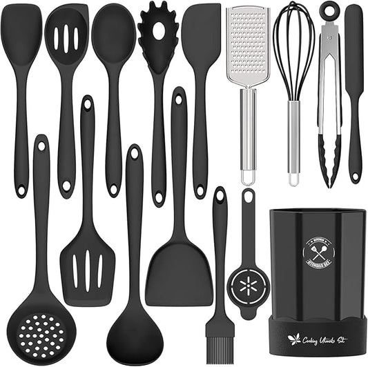 Silicone Kitchen Utensils Set, 16-Piece Silicone Cooking Utensils by Deedro, Heat Resistant Kitchen Tools Set with Holder, Nonstick Spatula Kitchen Gadgets for Cooking & Baking, Black