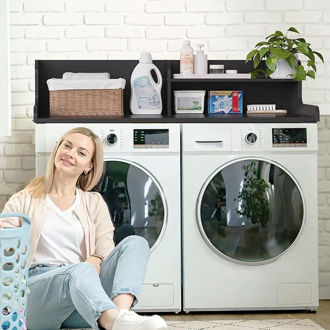 DTK Washer Dryer Wood Countertop with Shelf, Laundry Topper with Non-Slip Mat,27.55" Depth x 54" Width Dryer Covers for The Top with Edge Rails, Black
