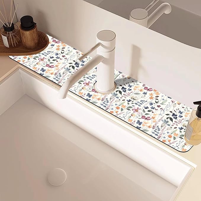 Vintage Watercolor Floral Kitchen Sink Splash Guard Mat Absorbent Fast Drying Mat Faucet Draining Mat Sink Splash Guard Behind Faucet Drip Catcher for Kitchen Bathroom 5.5"×24"