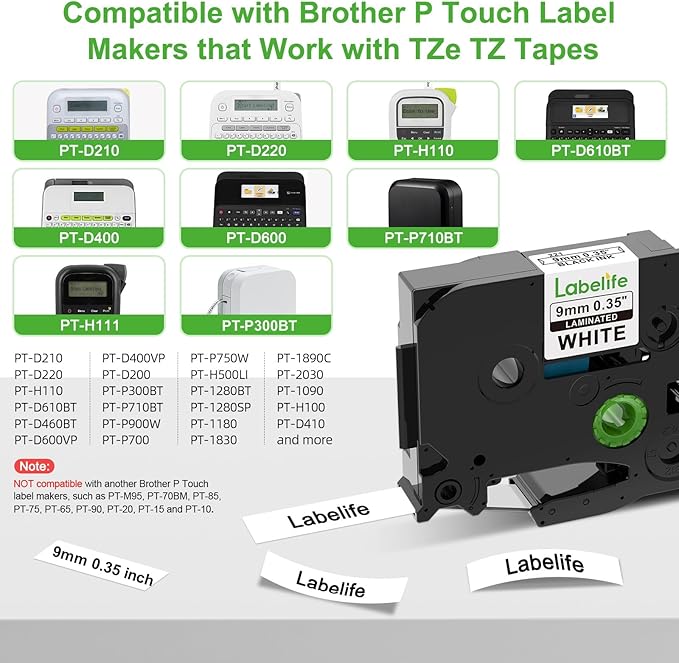 Labelife 9mm Label Tape TZe-221 Replace for Brother P Touch TZe TZ Tape 9mm 0.35 Laminated White Label Tape TZe221 Work for Brother Ptouch Label Maker PT-D210 PT-H110 PT-D220 PT-D400, 3/8 Inch, 4-Pack