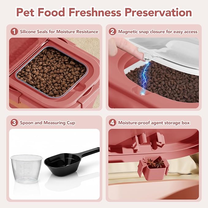 15 Lbs Dog/Cat Food Storage Container,Collapsible Food Storage Containers with Rolling Wheel Airtight Locking Lid,Pet Food Storage Container with Cup and Scoop,Pink