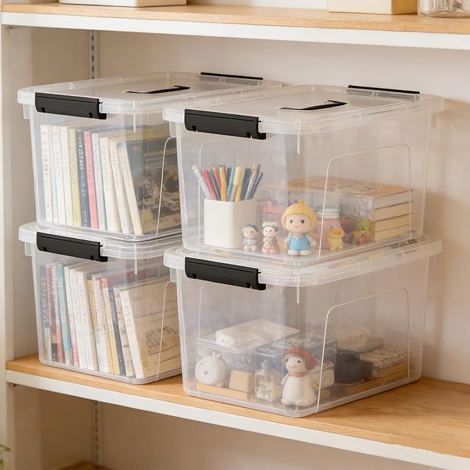 4 Packs 10 QT Plastic Storage Bins with Lids, Stackable Storage Containers for Organizing, Clear Storage Box for Garage, Closet, Kitchen