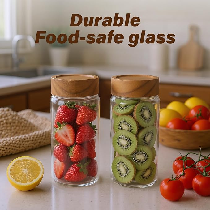 2-Pack 13 oz Glass Mason Jars with Acacia Wood Lids - Sealable, Leakproof, Clear & Stackable Food Storage Containers for Spices, Meal Prep, Flour, Sugar & Snack Storage