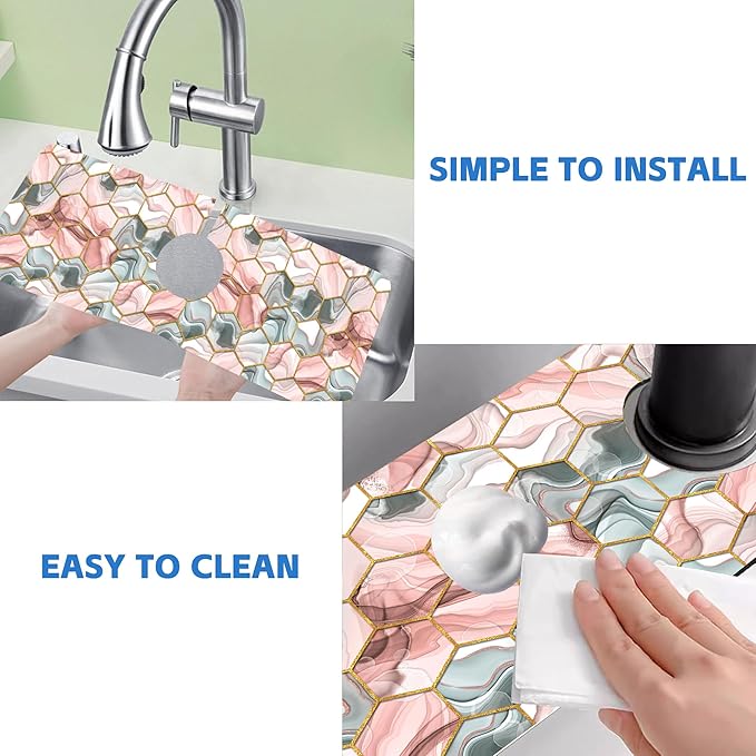 Abstract Gray and Red Hexagon Sink Faucet Absorbing Mat Sink Splash Guard Faucet Mat Draining Mat Fast Drying Sink Protectors for Kitchen and Bathroom 5.5"×15"