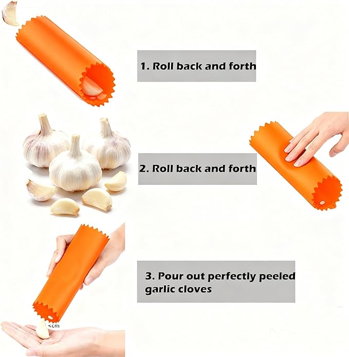 MANJIA Garlic Press and Peel Set Stainless Steel- Rust Proof Garlic Mincer Tool - Easy-Squeeze, Easy-Clean Silicone Garlic Peeler & Brush (Orange)