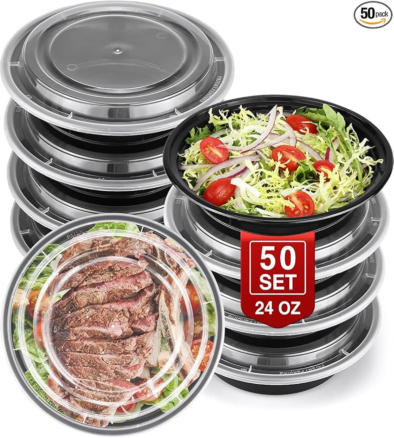 NEEBAKE 50 Sets 24oz Meal Prep Container - Reusable Plastic Food Storage Containers with Lids, Fits Microwave, Freezer and Dishwasher Safe