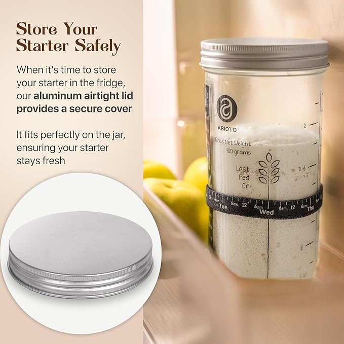 Sourdough Starter Kit, Includes 24 oz Sourdough Starter Jar with Metallic Lid, Silicone Spatula, Feeding Tracker, Extra Thermometer Strips & Breathable Covers - Sourdough Bread Starter Kit