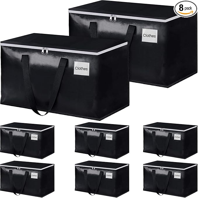 StorageRight Heavy Duty Moving Boxes-Moving Bags with Zipper, Reinforced Handles and Tag Pocket-Collapsible Moving Supplies-Totes for Storage Great for moving, Storage and Travel 93L(Black-8 Pack)