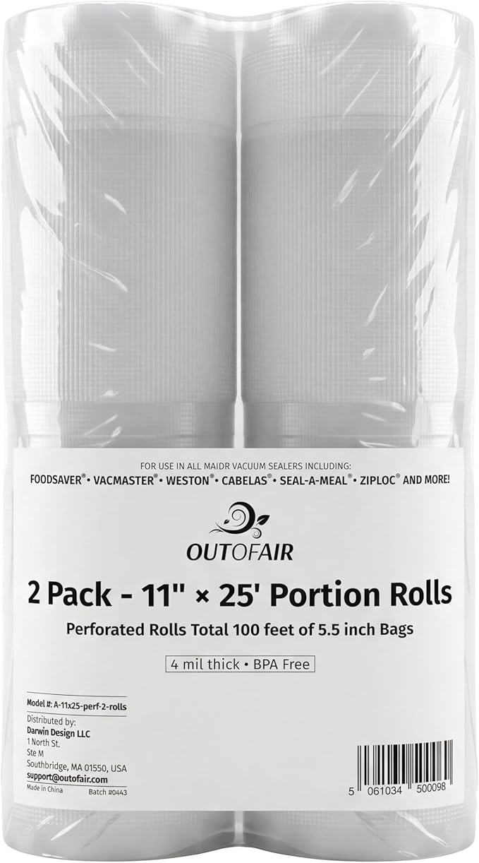 11" x 25' Portion Rolls (Fits Inside Machine) - 2 Pack (100 feet 5.5" rolls total) OutOfAir Vacuum Sealer Rolls. Works with FoodSaver Vacuum Sealers. 33% Thicker, BPA Free, Sous Vide, Commercial Grade