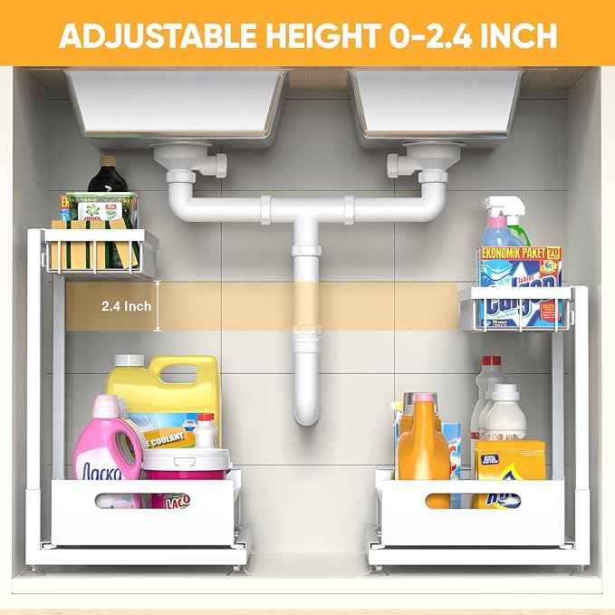 Under Sink Organizer Storage 2-Tier Premium Metal Pull-Out Kitchen Cabinet Organizer with Sliding Drawer, Height Adjustable, Heavy Duty for Kitchen & Bathroom Organizers 1 Pack White