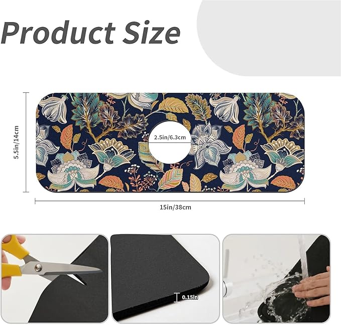 Kitchen Sink Splash Guard，Colorful flowers leaves Faucet Mat Sink Gadgets-Super Absorbent Fast Drying Mat Drip Catcher for Kitchen, Bathroom,Sink Mat, Dish Drying Mat, Bathroom(15" X 5.5" )