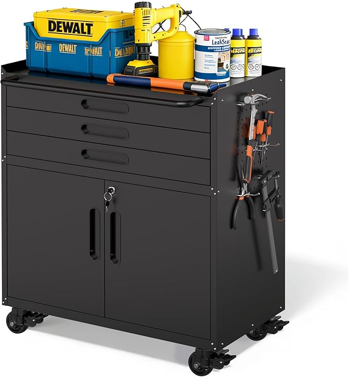 BIZOEIRON Metal Garage Storage Cabinet with Wheels, Rolling Tool Cabinet with 3 Drawers and 2 Doors, Heavy Duty Tool Cabinet with Workbench, Assembly Required, Black