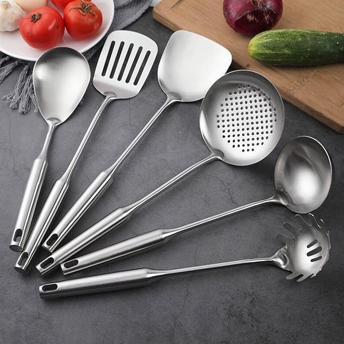 NIITAWH 18/10 Stainless Steel Kitchen Utensils Set, 6 Pcs Professional All Metal Cooking Utensils Set 12-13.6 Inch, Wok Spatula, Ladle, Skimmer, Slotted Spatula Turner, Spaghetti Spoon, Large Spoon