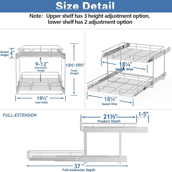 MODCART 2 Tier Individual Pull Out Cabinet Organizer 19½" W x 21½" D, Heavy Duty Cabinet Pull Out Shelves, Slide Out Drawers Organization for Kitchen Cabinets Bathroom
