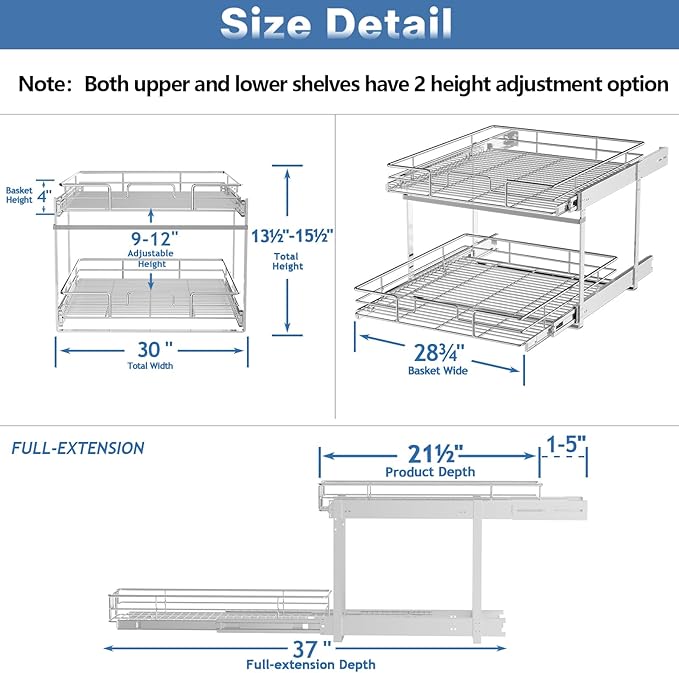 MODCART 2 Tier Individual Pull Out Cabinet Organizer 30" W x 21½" D, Heavy Duty Cabinet Pull Out Shelves, Slide Out Drawers Organization for Kitchen Cabinets Bathroom