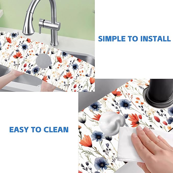 Watercolor Red and Blue Flowers Sink Faucet Absorbing Mat Sink Splash Guard Faucet Mat Draining Mat Fast Drying Sink Protectors for Kitchen and Bathroom 5.5"×24"