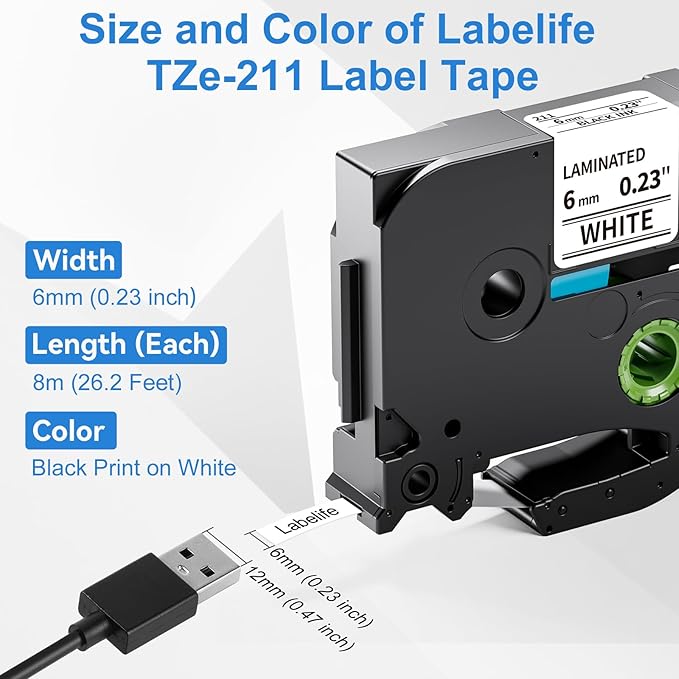 Labelife 6-Pack TZe-211 6mm Label Tape Replacement for Brother P Touch TZe TZ Tape 6mm 0.23 Laminated White Label Tape TZe211 TZ-211 for Brother Label Maker PT-D210 PT-D220 PT-H110 PT-D400, 1/4 inch