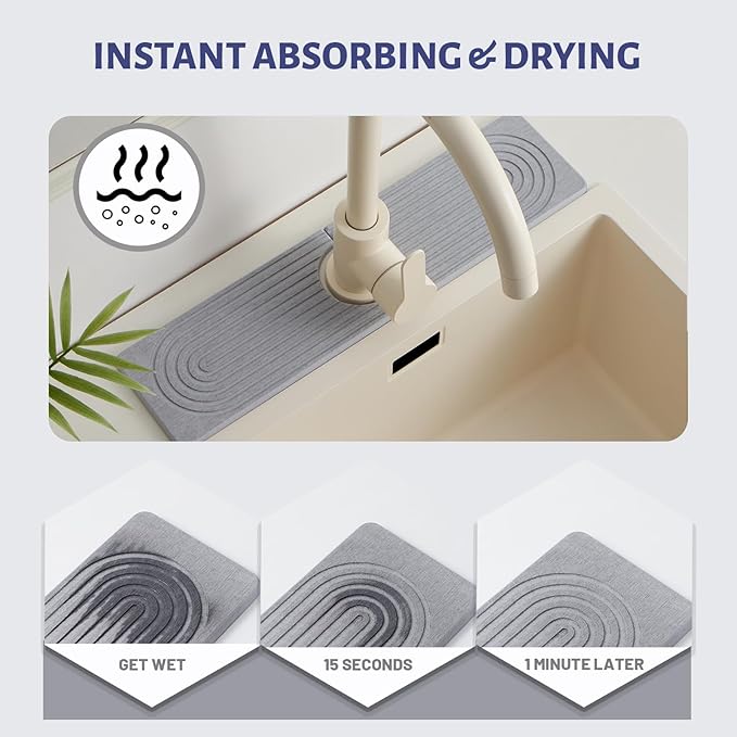 Stone Faucet Mat for Kitchen Sink，Super Absorbent Diatomite Fast Drying Stone and Bathroom Stone Tray for Counter Quick Drying Splash Guard,Prevents Moisture Buildup Sink(Grey,15.8" x 3.9")