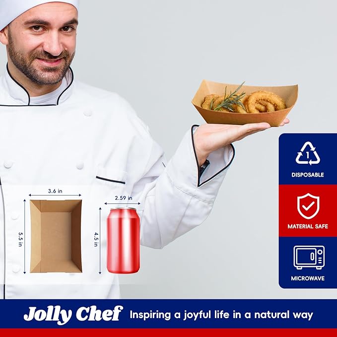JOLLY CHEF 2lb Paper Food Trays, 250 Pack Disposable Paper Boat, Serving Boats, Food Holder Trays for Snacks French Fries Nachos Hot Dog Tacos BBQ Party