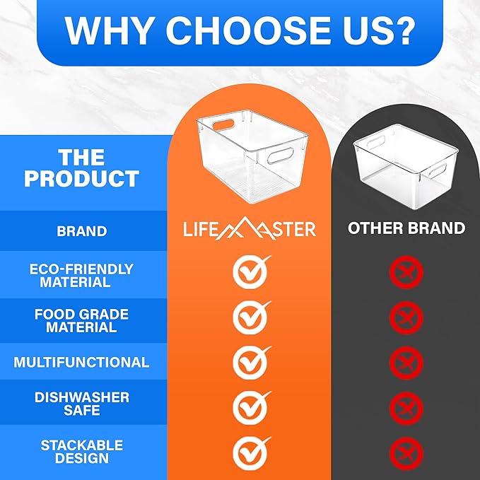 Lifemaster Stackable Refrigerator Bins - Set of 4 Large Capacity Organizers with Easy Grip Handles - Clear and Versatile for Kitchen Storage