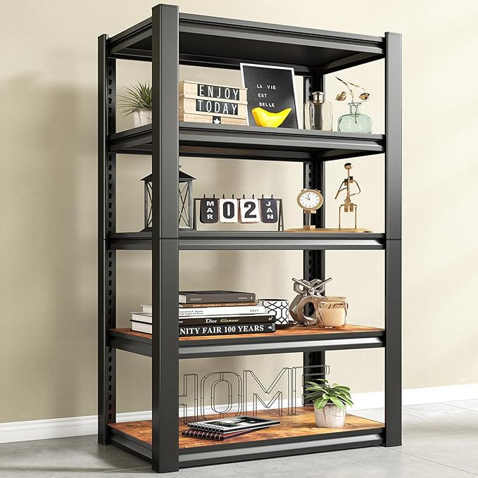 REIBII 2500LBS Storage Shelves, 5 Tier Adjustable Pantry Shelves, Metal Shelving Unit for Closet, Kitchen, Pantry, Laundry, 24.4''W X 16.4''D X 60''H, Black