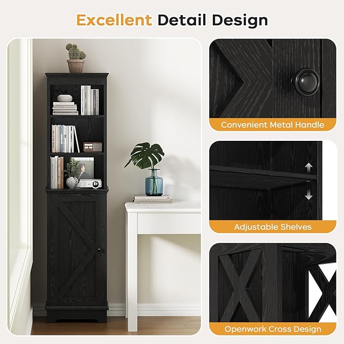 Viroformo Narrow Bathroom Storage Cabinet with Door and Open Adjustable Shelves, 60.9" H Wooden Tall Tower Corner Farmhouse Cabinet, Freestanding Organizer for Kitchen, Entryway Black