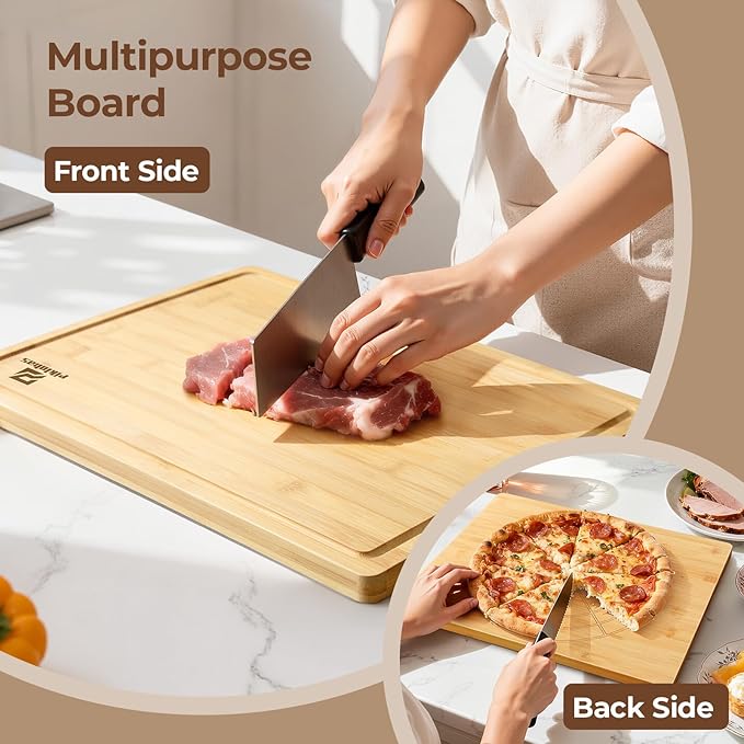 Piklohas Large Bamboo Cutting Boards Set of 4 for Kitchen, Bamboo Charcuterie Chopping Board with Holder Non Slip, Steak Serving Tray with Juice Groove, Big Butcher Block for Cheese, Ideal for Gift
