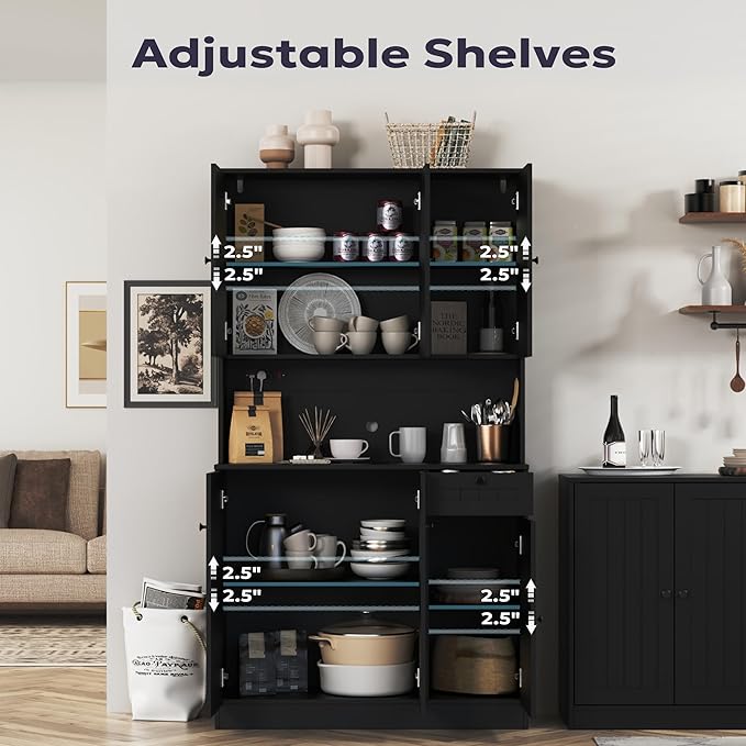 Furnify 71" Pantry Cabinet with Charging Station, Tall Kitchen Pantry Storage Cabinet with Microwave Stand, Farmhouse Kitchen Hutch with Storage Drawer for Living Room, Dining Room, Black