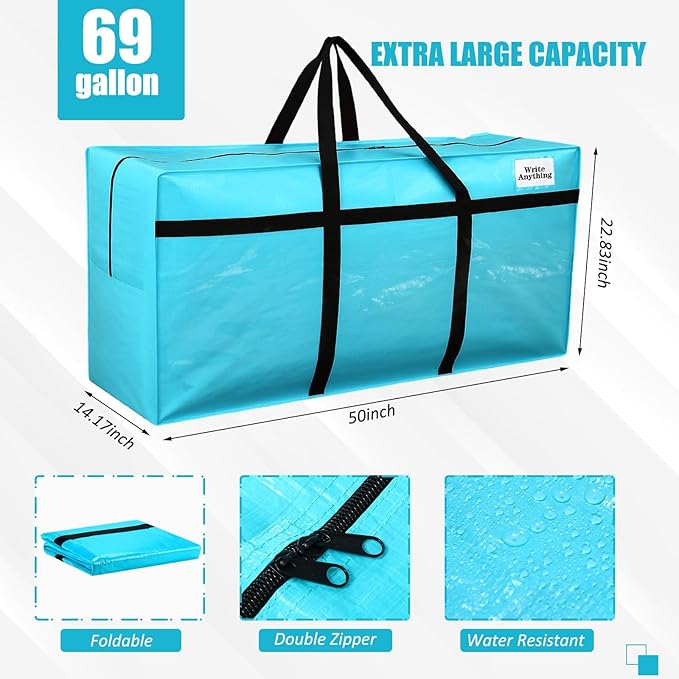Windyun 4 Pack 69 Gallon Extra Large Moving Bags XXL Heavy Duty Storage Bag with Strong Zipper Handle Jumbo Big Tote Box Foldable for College Dorm Travel Clothes Duffle Blanket Pillow(Lake Blue)