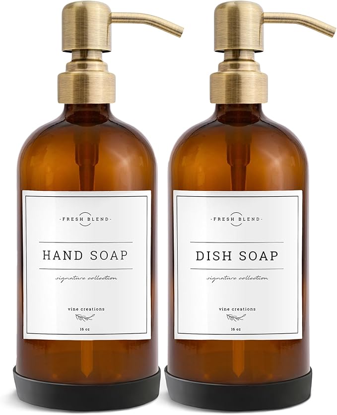 Vine Creations Amber Glass Soap Dispenser, 2 Pack Kitchen Soap Dispenser Set with Stainless Steel Pump, 16 oz Dish Soap and Hand Soap Dispensers for Bathroom with Waterproof Labels and Protective Pads