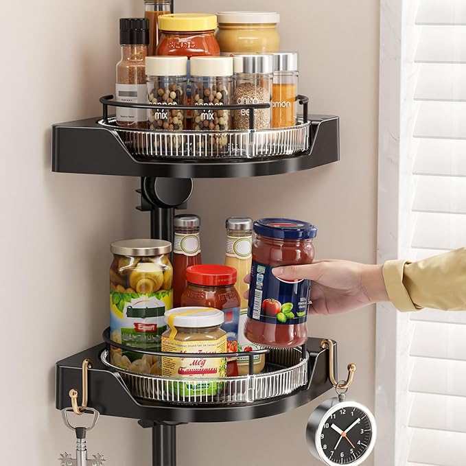 Kitchen Tension Pole Caddy, 19-39 Inch Adjustable No Drilling Countertop Organizer, 2 Tier 360 Rotating Corner Spice Rack for Salt with 2 Hooks for Kitchen, Spice Rack, Coffee Area(Black)