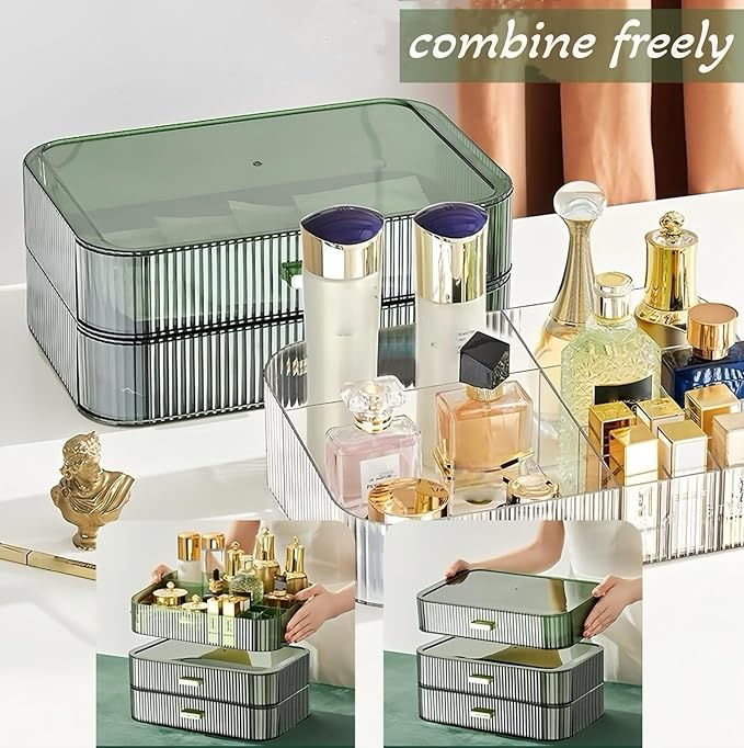 Decorcode Stackable Cosmetics Organizer Drawers, Bathroom Vanity Makeup Organizers and Storage, Ideal for Desk and Dresser Countertops, Great for Palette, Skincare, Lipsticks, Nail Care. Green