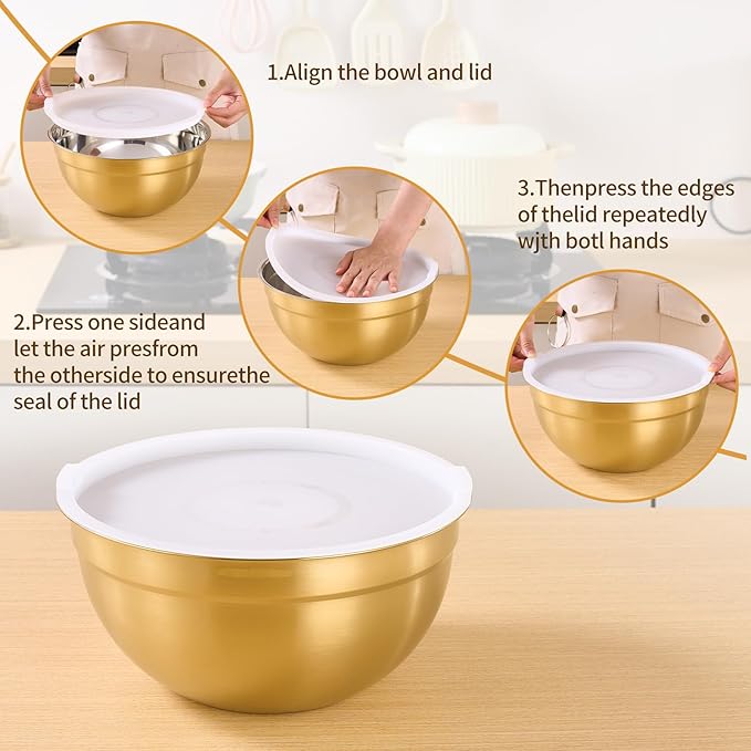 Onlycooker Gold Mixing Bowls With Airtight Lids,Stainless Steel Bowl,Salad Bowls 5 Piece Colorful Nesting Bowl Gold Kitchen Accessories,Size 5.5,3.6,2.7,2.1,1.5QT Stackable Design