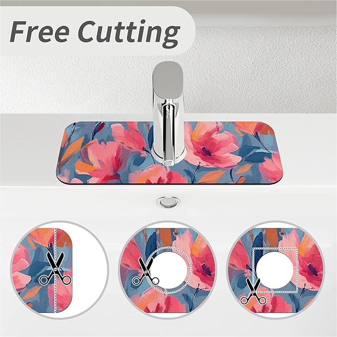 Kitchen Sink Splash Guard，Coral-colored flowers Faucet Mat Sink Gadgets-Super Absorbent Fast Drying Mat Drip Catcher for Kitchen, Bathroom,Sink Mat, Dish Drying Mat, Bathroom(15" X 5.5" )