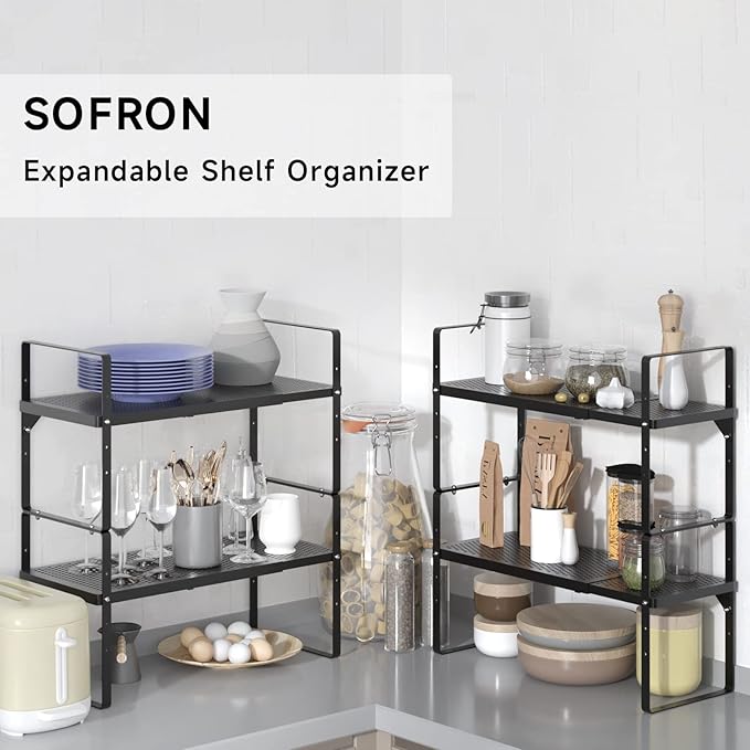 SOFRON Expandable Cabinet Storage Shelf Stackable Organizer Rack for Kitchen Bathroom Pantry Spice Cupboard Coffee Countertop Home Office Desk Heavy Duty Nonslip Black Large 1 PACK