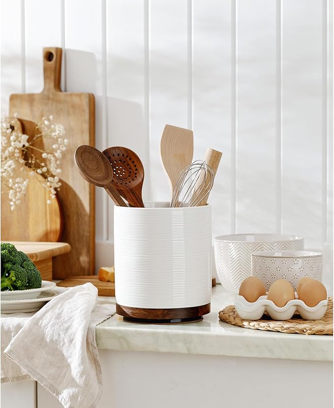 MIKIGEY Utensil Holder, 360° Rotating Extra Large Ceramic Kitchen Utensil Holder for Countertop, 7.3“ Cooking Utensil Crocks for Kitchen Counter with Rotatable Wooden Base, Farmhouse Decor, White