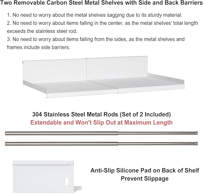 SHINEWON Expandable Under Cabinet Shelf Organizer with 0.94-Inch Thick Clips, Heavy Duty Extendable Under Shelf Storage Basket for Pantry or Laundry Room, White, 1 Pack, Interior: 4.13" H x 8.54" D