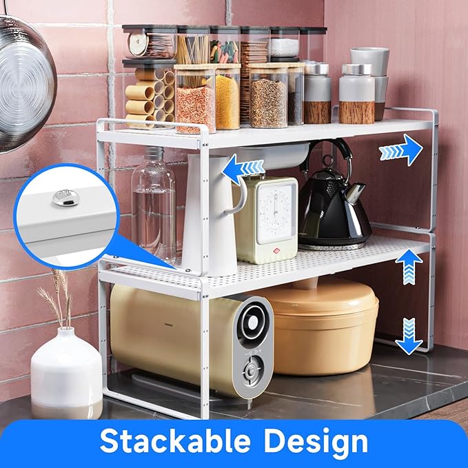 KIKIBRO Expandable Cabinet Shelf Organizers, Kitchen Small Stand Rack Organization for Countertop Cupborad Pantry, White 3 Pack
