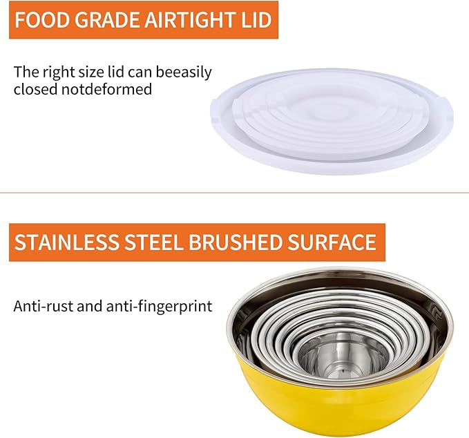 Onlycooker Yellow Mixing Bowls With Airtight Lids,Stainless Steel Bowl,Salad Bowls 7 Piece Colorful Nesting Bowl Yellow Kitchen Accessories,Size 7,3.6,2.7,2.1,1.5,1.1,0.8QT Stackable Design