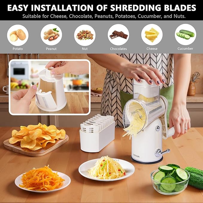 SLEEKDR 5 in 1 Rotary Cheese Grater Vegetable Slicer with Handle - Upgraded Hand Crank Cheese Grater with Handle and Strong Suction Base, Multi-Purpose Vegetable Slicer with 5 Well-Designed Blades
