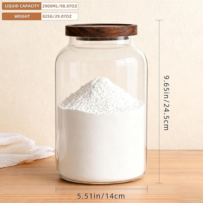 Glass Storage Jars,1PACK 95oz/2800ml Clear Glass Food Storage Containers with Airtight Bamboo Lid Stackable Kitchen Canisters for Candy,Cookie,Rice,Sugar,Flour,Nuts and Spice Jars