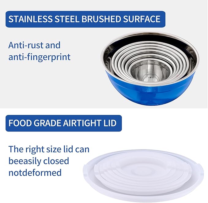 Moxinox Blue Mixing Bowls with Airtight Lids, Stainless Steel Nesting Mixing Bowls Set of 7, Ideal for Baking, Prepping and Serving Food, Size 7, 3.6, 2.7, 2.1, 1.5, 1.1,0.8 QT, Stackable Design