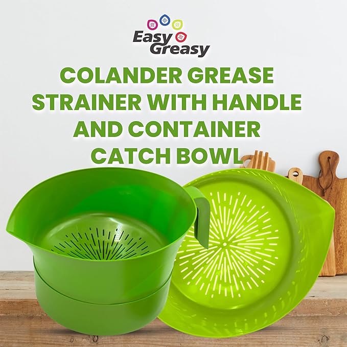 Easy Greasy 3-Piece Colander Grease Strainer Set – Green Grease Separator with Handle, Container & Lid – Strains Bacon, Pasta, Ground Beef – BPA-Free Kitchen Gadget