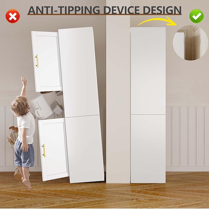 67" Tall Narrow Storage Cabinet Metal Bathroom Cabinet with 2 Doors & 4 Adjustable Shelves, Standing Pantry Cabinets Cupboard for Kitchen, Dining Room, Living Room and Bathroom (White)