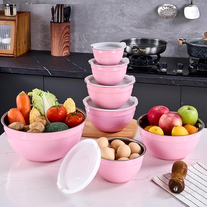Onlycooker Pink Mixing Bowls With Airtight Lids,Stainless Steel Bowl,Salad Bowls 7 Piece Colorful Nesting Bowl Pink Kitchen Accessories,Size 7,3.6,2.7,2.1,1.5,1.1,0.8QT Stackable Design